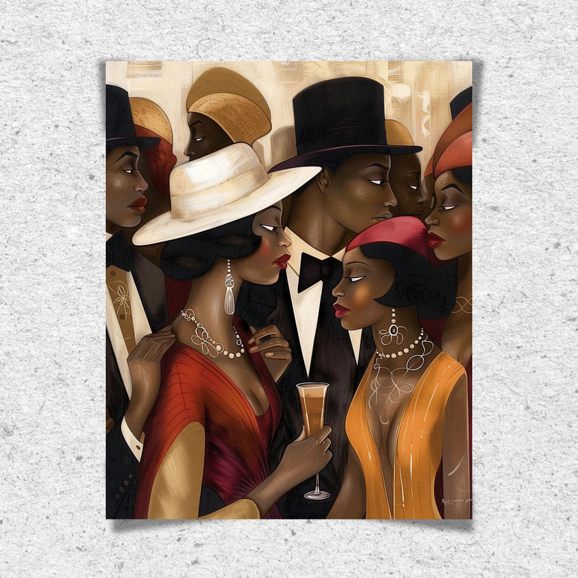 Black Couples Social Scene Art Print featuring stylish African American men and women in a Harlem nightlife setting. Bauhaus-inspired Afrocentric abstract art with bold colors, geometric patterns, and cultural elegance.