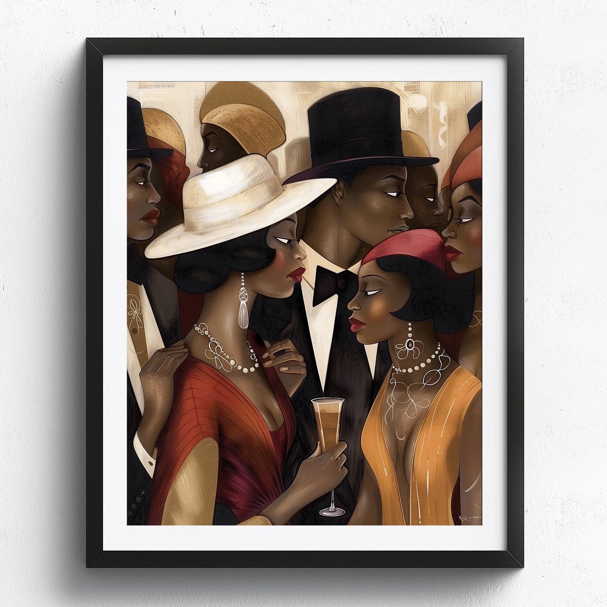 Art print titled "Spill the Tea" from the Ladies and Gents of Harlem Collection, featuring fashionable Black couples engaged in lively conversation. Designed in a Bauhaus-inspired abstract style, the piece celebrates African American culture, style, and social life in Harlem.