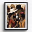Black Couples Social Scene Art Print featuring stylish African American men and women in a Harlem nightlife setting. Bauhaus-inspired Afrocentric abstract art with bold colors, geometric patterns, and cultural elegance.