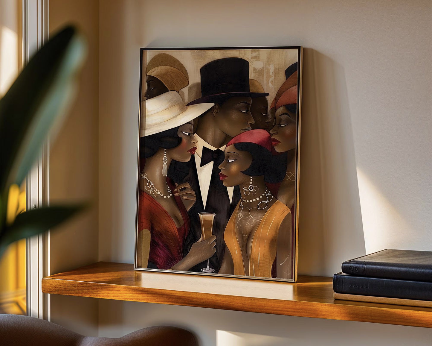 Art print titled "Spill the Tea" from the Ladies and Gents of Harlem Collection, featuring fashionable Black couples engaged in lively conversation. Designed in a Bauhaus-inspired abstract style, the piece celebrates African American culture, style, and social life in Harlem.