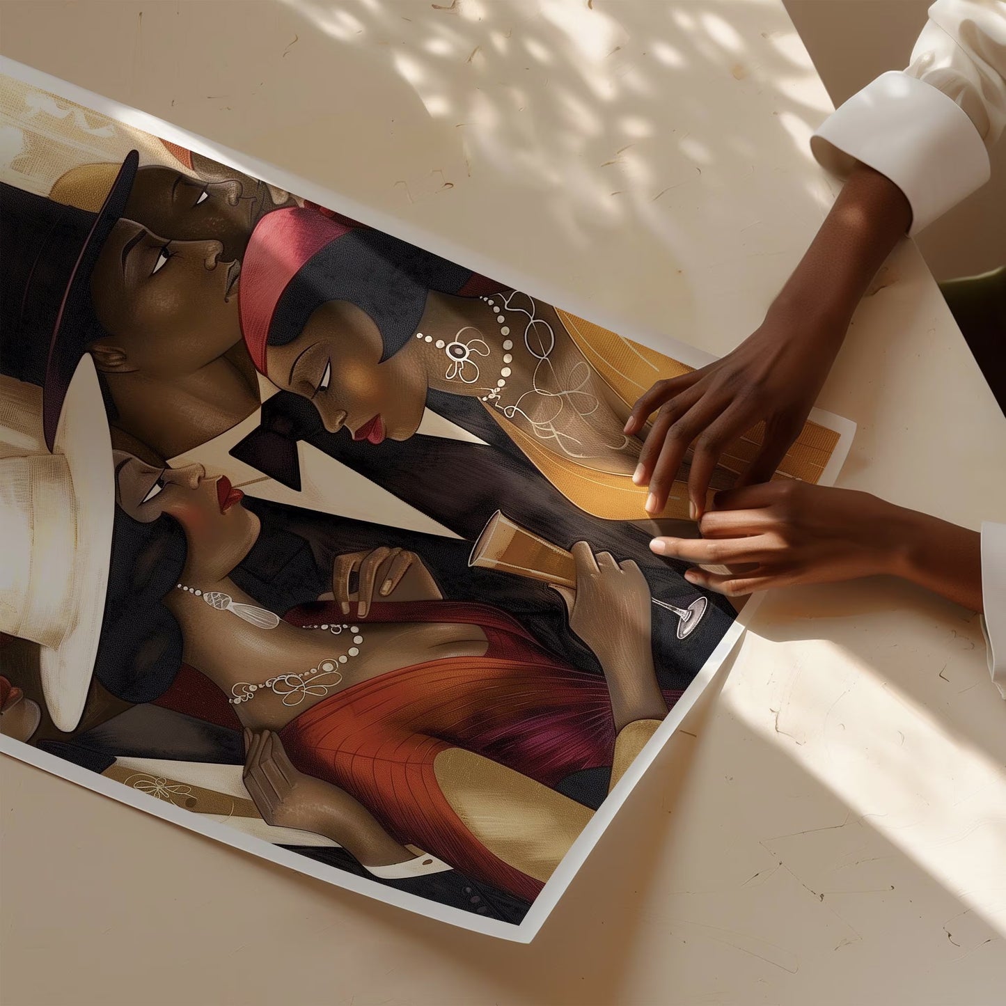 Art print titled "Spill the Tea" from the Ladies and Gents of Harlem Collection, featuring fashionable Black couples engaged in lively conversation. Designed in a Bauhaus-inspired abstract style, the piece celebrates African American culture, style, and social life in Harlem.