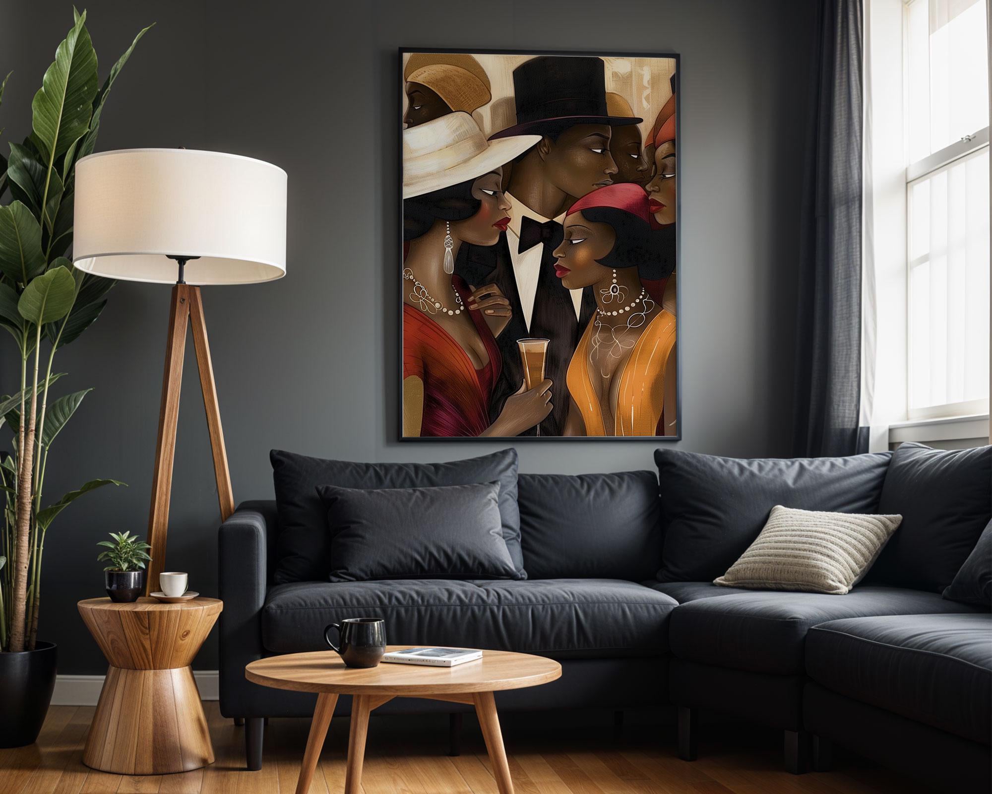 Black Couples Social Scene Art Print featuring stylish African American men and women in a Harlem nightlife setting. Bauhaus-inspired Afrocentric abstract art with bold colors, geometric patterns, and cultural elegance.