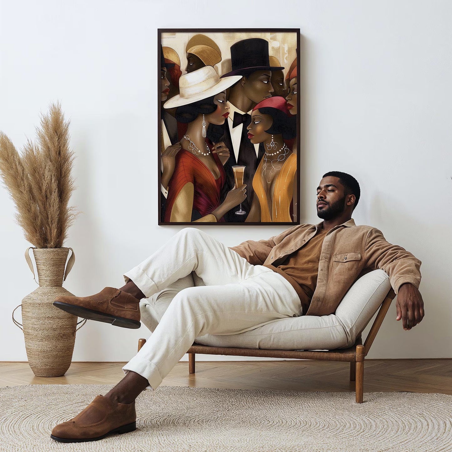 Art print titled "Spill the Tea" from the Ladies and Gents of Harlem Collection, featuring fashionable Black couples engaged in lively conversation. Designed in a Bauhaus-inspired abstract style, the piece celebrates African American culture, style, and social life in Harlem.