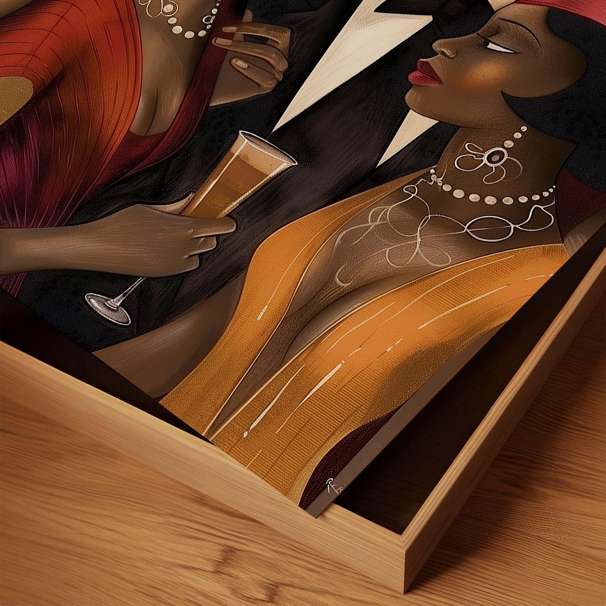 Art print titled "Spill the Tea" from the Ladies and Gents of Harlem Collection, featuring fashionable Black couples engaged in lively conversation. Designed in a Bauhaus-inspired abstract style, the piece celebrates African American culture, style, and social life in Harlem.