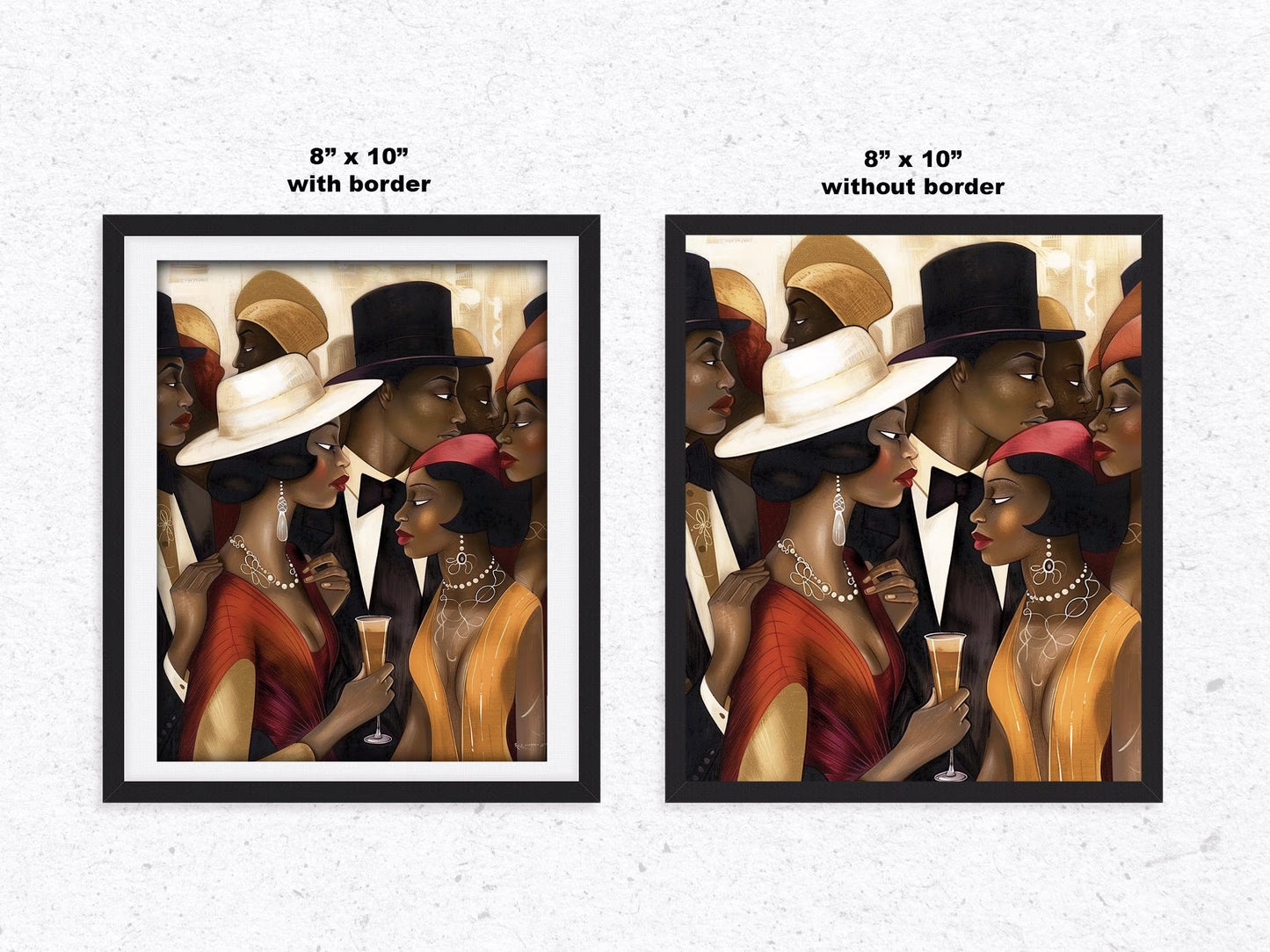 Art print titled "Spill the Tea" from the Ladies and Gents of Harlem Collection, featuring fashionable Black couples engaged in lively conversation. Designed in a Bauhaus-inspired abstract style, the piece celebrates African American culture, style, and social life in Harlem.
