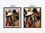 Black Couples Social Scene Art Print featuring stylish African American men and women in a Harlem nightlife setting. Bauhaus-inspired Afrocentric abstract art with bold colors, geometric patterns, and cultural elegance.