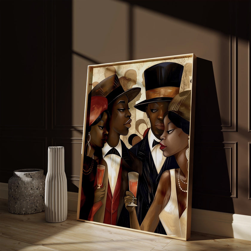 Harlem Vintage Fly Ladies Cool Gents Art Print featuring fashionable African American men and women in vintage Harlem style. Afrocentric Bauhaus-inspired artwork celebrating Black culture, fashion, and the Harlem Renaissance era.