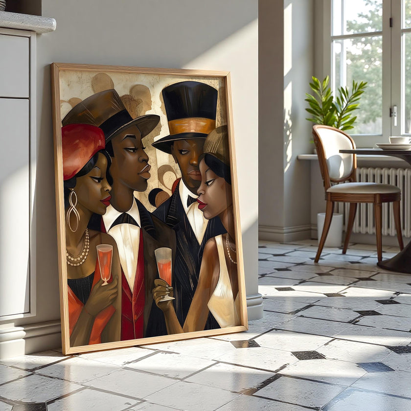 Harlem Vintage Fly Ladies Cool Gents Art Print featuring fashionable African American men and women in vintage Harlem style. Afrocentric Bauhaus-inspired artwork celebrating Black culture, fashion, and the Harlem Renaissance era.