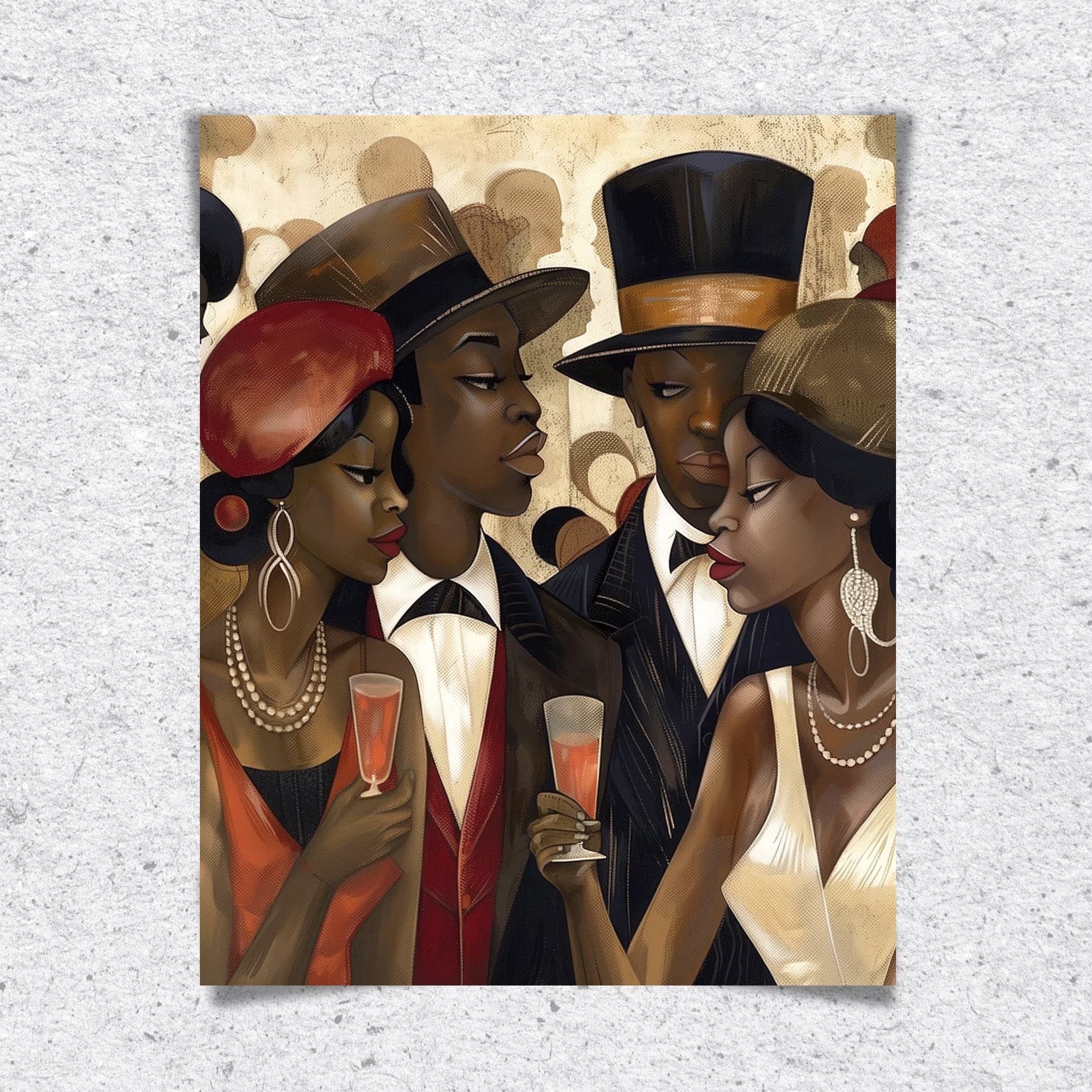 Harlem Vintage Fly Ladies Cool Gents Art Print featuring fashionable African American men and women in vintage Harlem style. Afrocentric Bauhaus-inspired artwork celebrating Black culture, fashion, and the Harlem Renaissance era.