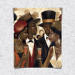 Harlem Vintage Fly Ladies Cool Gents Art Print featuring fashionable African American men and women in vintage Harlem style. Afrocentric Bauhaus-inspired artwork celebrating Black culture, fashion, and the Harlem Renaissance era.
