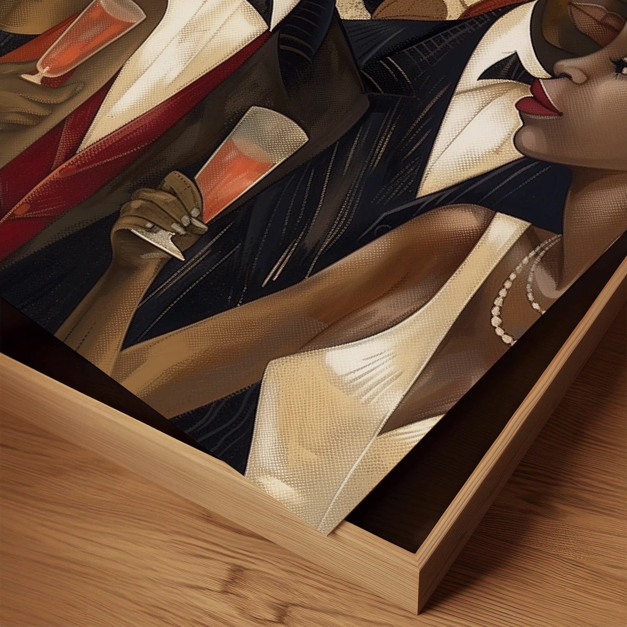 Harlem Vintage Fly Ladies Cool Gents Art Print featuring fashionable African American men and women in vintage Harlem style. Afrocentric Bauhaus-inspired artwork celebrating Black culture, fashion, and the Harlem Renaissance era.