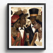 Harlem Vintage Fly Ladies Cool Gents Art Print featuring fashionable African American men and women in vintage Harlem style. Afrocentric Bauhaus-inspired artwork celebrating Black culture, fashion, and the Harlem Renaissance era.