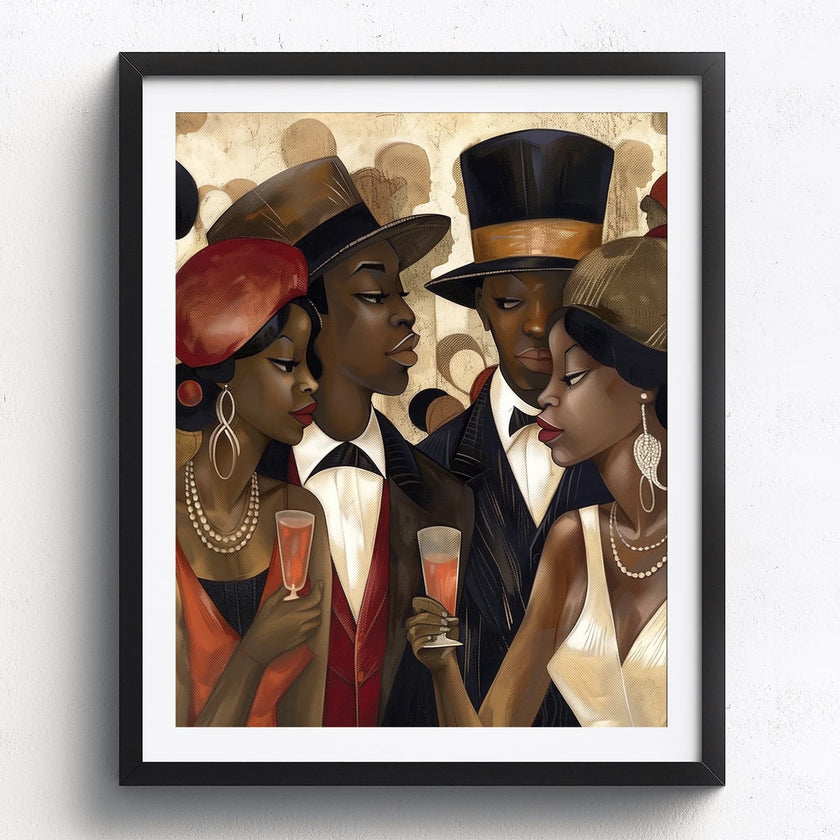 Harlem Vintage Fly Ladies Cool Gents Art Print featuring fashionable African American men and women in vintage Harlem style. Afrocentric Bauhaus-inspired artwork celebrating Black culture, fashion, and the Harlem Renaissance era.