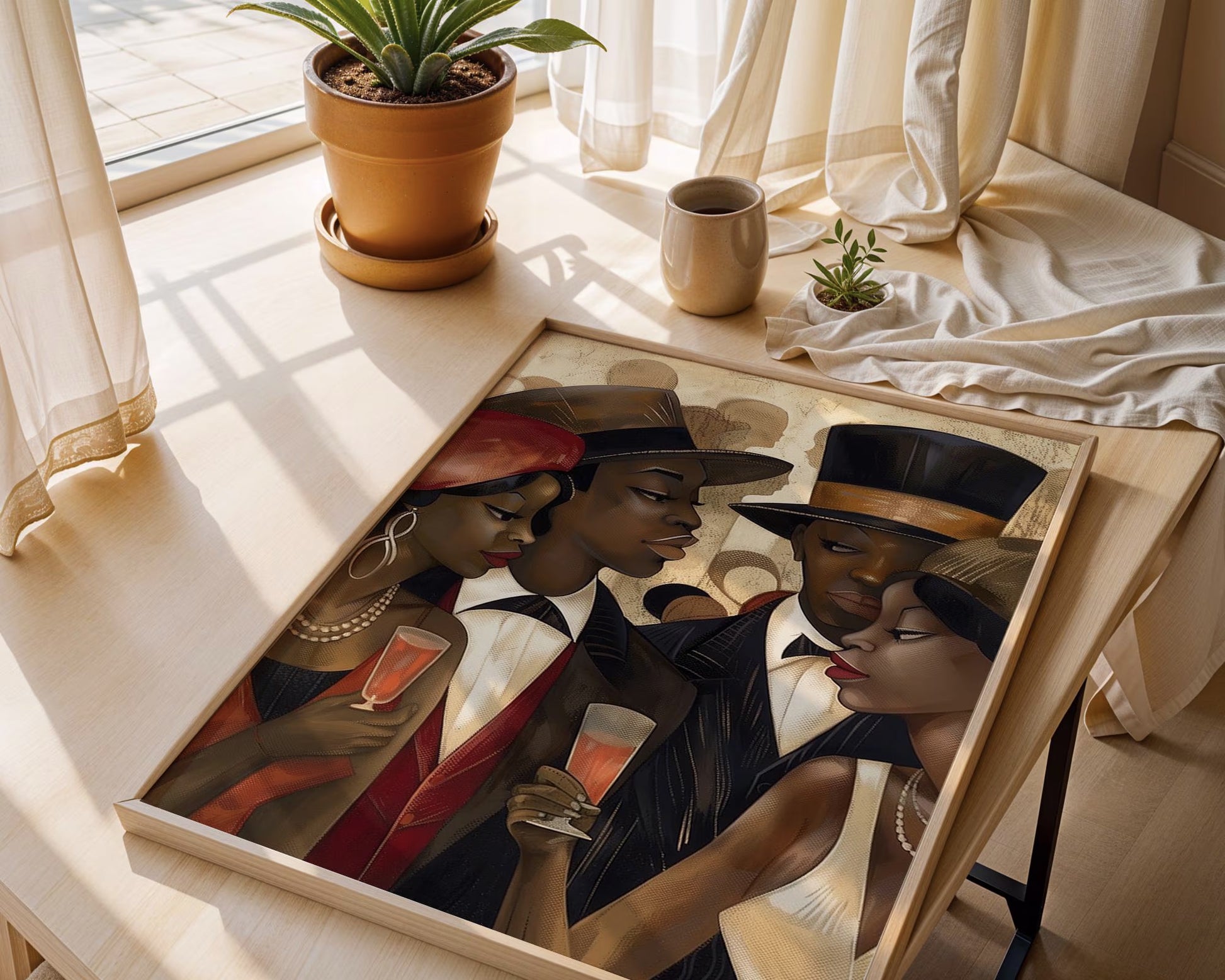Art print titled "I Really Want You" from the Ladies and Gents of Harlem Collection, featuring stylish Black couples in a moment of longing and emotional tension. Set in Harlem’s golden era, the artwork invites open interpretation with its expressive poses and vintage-inspired aesthetic.