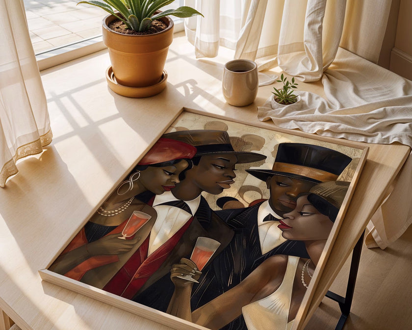 Harlem Vintage Fly Ladies Cool Gents Art Print featuring fashionable African American men and women in vintage Harlem style. Afrocentric Bauhaus-inspired artwork celebrating Black culture, fashion, and the Harlem Renaissance era.