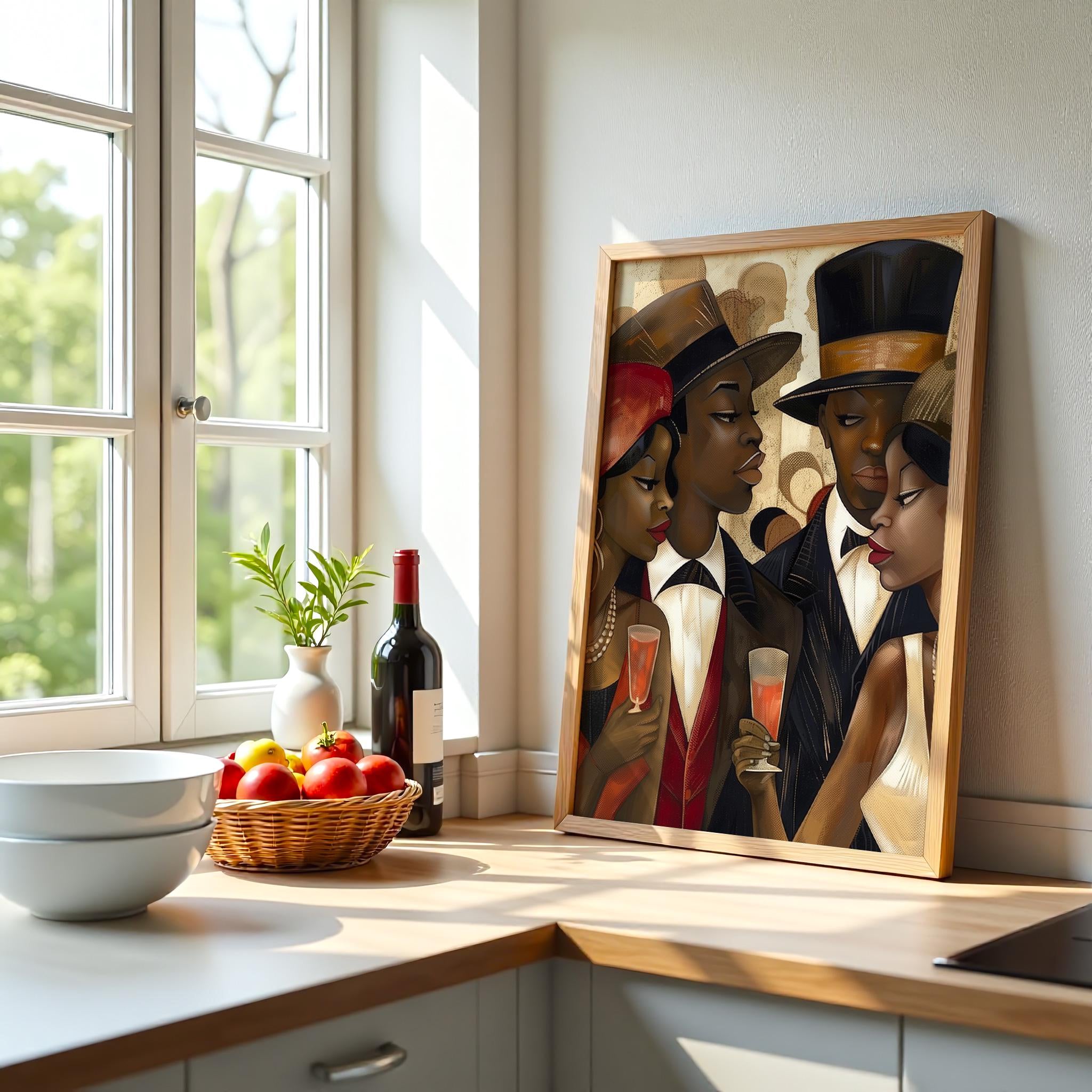 Harlem Vintage Fly Ladies Cool Gents Art Print featuring fashionable African American men and women in vintage Harlem style. Afrocentric Bauhaus-inspired artwork celebrating Black culture, fashion, and the Harlem Renaissance era.