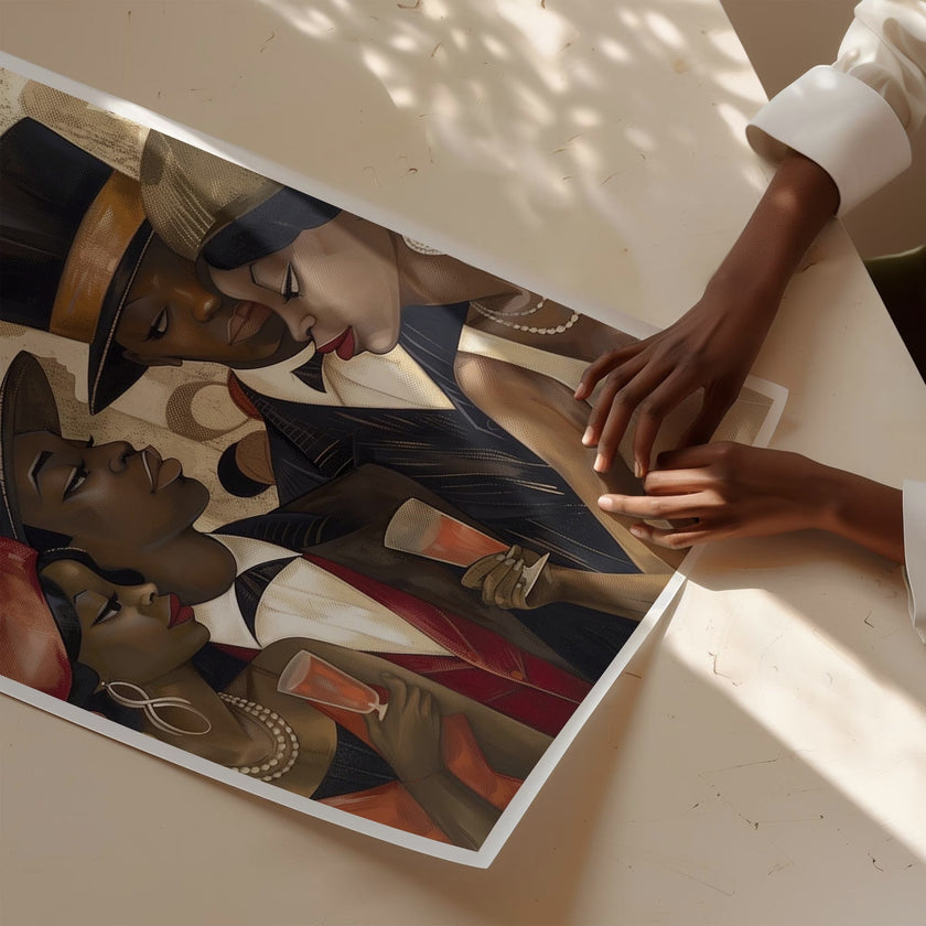 Harlem Vintage Fly Ladies Cool Gents Art Print featuring fashionable African American men and women in vintage Harlem style. Afrocentric Bauhaus-inspired artwork celebrating Black culture, fashion, and the Harlem Renaissance era.