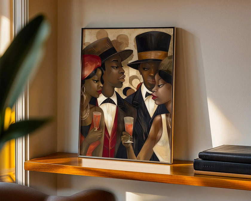 Harlem Vintage Fly Ladies Cool Gents Art Print featuring fashionable African American men and women in vintage Harlem style. Afrocentric Bauhaus-inspired artwork celebrating Black culture, fashion, and the Harlem Renaissance era.