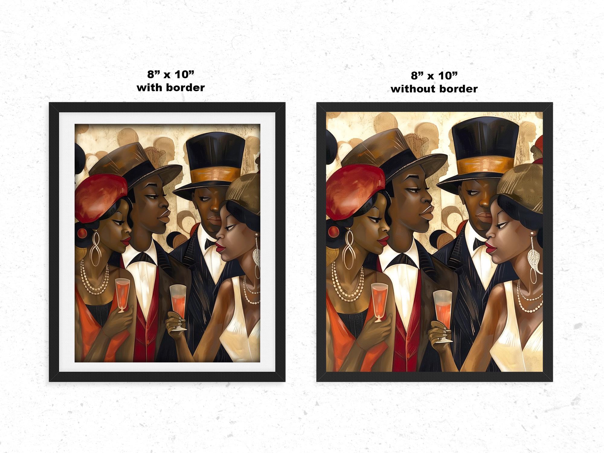 Harlem Vintage Fly Ladies Cool Gents Art Print featuring fashionable African American men and women in vintage Harlem style. Afrocentric Bauhaus-inspired artwork celebrating Black culture, fashion, and the Harlem Renaissance era.