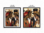 Harlem Vintage Fly Ladies Cool Gents Art Print featuring fashionable African American men and women in vintage Harlem style. Afrocentric Bauhaus-inspired artwork celebrating Black culture, fashion, and the Harlem Renaissance era.