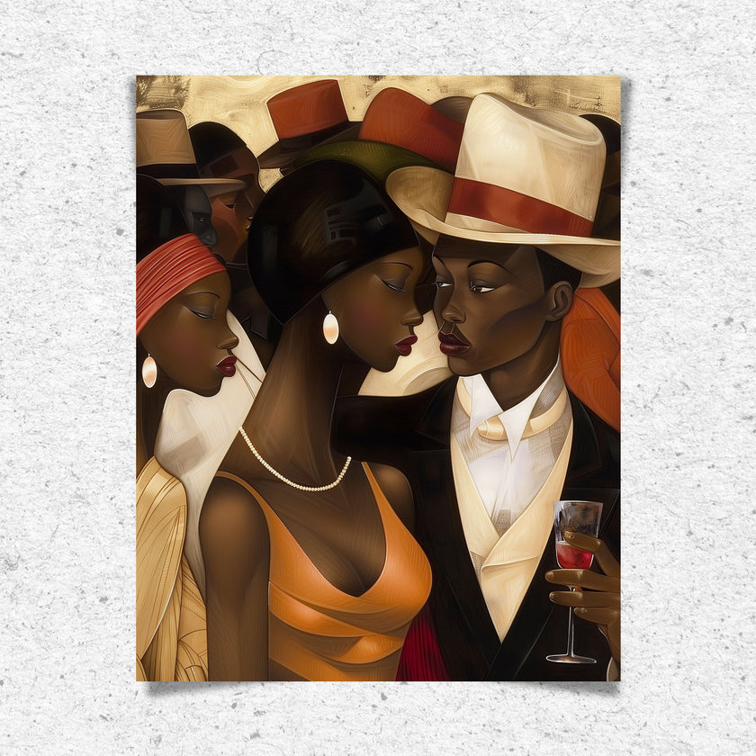 Harlem Renaissance Couple Art Print featuring a stylish Black man and woman dressed in elegant vintage fashion, inspired by Harlem’s golden era. Afrocentric digital artwork celebrating Black love, history, and cultural sophistication.