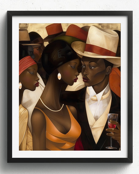 Harlem Renaissance Couple Art Print featuring a stylish Black man and woman dressed in elegant vintage fashion, inspired by Harlem’s golden era. Afrocentric digital artwork celebrating Black love, history, and cultural sophistication.