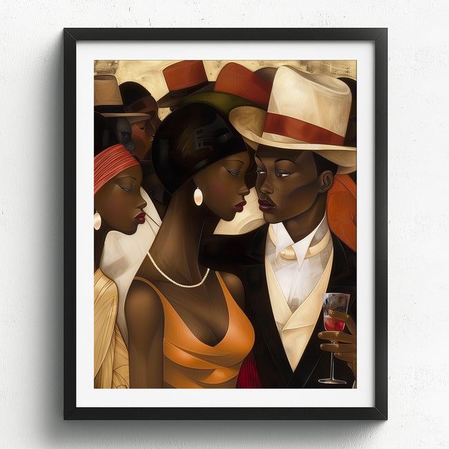 Harlem Renaissance Couple Art Print featuring a stylish Black man and woman dressed in elegant vintage fashion, inspired by Harlem’s golden era. Afrocentric digital artwork celebrating Black love, history, and cultural sophistication.