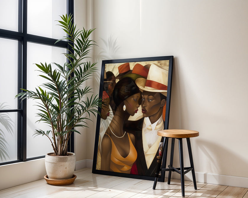 Harlem Renaissance Couple Art Print featuring a stylish Black man and woman dressed in elegant vintage fashion, inspired by Harlem’s golden era. Afrocentric digital artwork celebrating Black love, history, and cultural sophistication.