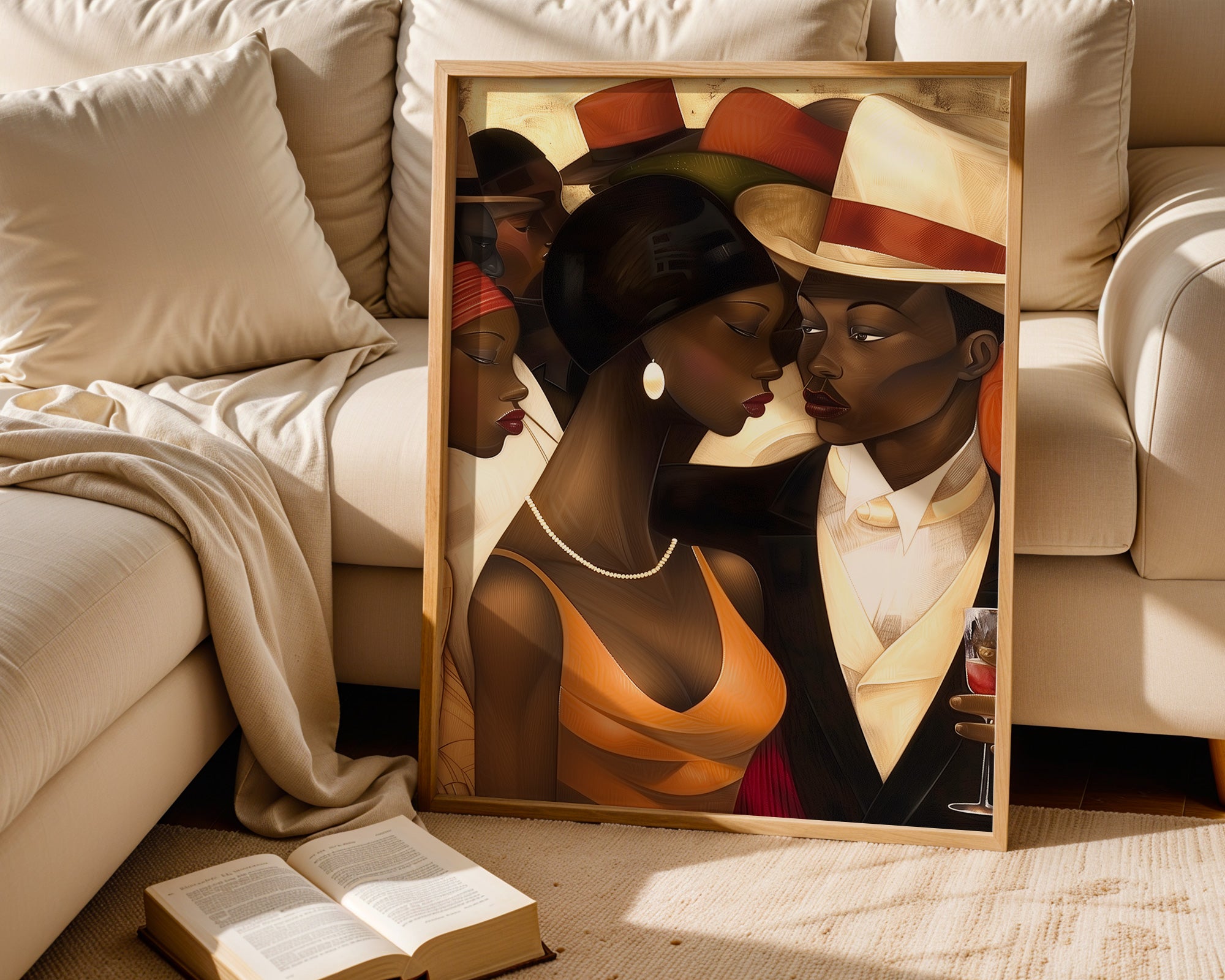 Harlem Renaissance Couple Art Print featuring a stylish Black man and woman dressed in elegant vintage fashion, inspired by Harlem’s golden era. Afrocentric digital artwork celebrating Black love, history, and cultural sophistication.