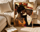 Harlem Renaissance Couple Art Print featuring a stylish Black man and woman dressed in elegant vintage fashion, inspired by Harlem’s golden era. Afrocentric digital artwork celebrating Black love, history, and cultural sophistication.