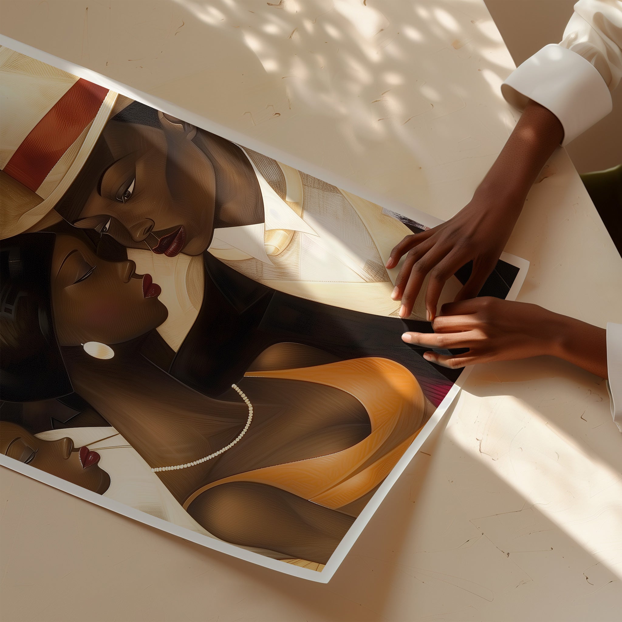 Harlem Renaissance Couple Art Print featuring a stylish Black man and woman dressed in elegant vintage fashion, inspired by Harlem’s golden era. Afrocentric digital artwork celebrating Black love, history, and cultural sophistication.