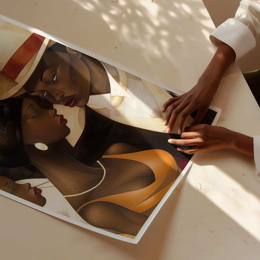 Harlem Renaissance Couple Art Print featuring a stylish Black man and woman dressed in elegant vintage fashion, inspired by Harlem’s golden era. Afrocentric digital artwork celebrating Black love, history, and cultural sophistication.