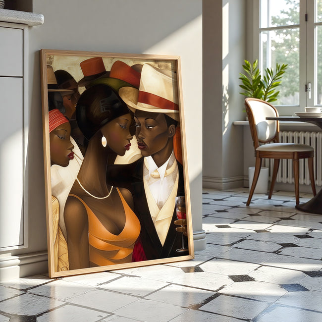 Harlem Renaissance Couple Art Print featuring a stylish Black man and woman dressed in elegant vintage fashion, inspired by Harlem’s golden era. Afrocentric digital artwork celebrating Black love, history, and cultural sophistication.