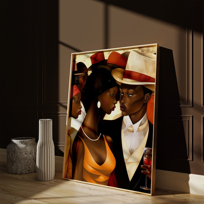 Harlem Renaissance Couple Art Print featuring a stylish Black man and woman dressed in elegant vintage fashion, inspired by Harlem’s golden era. Afrocentric digital artwork celebrating Black love, history, and cultural sophistication.