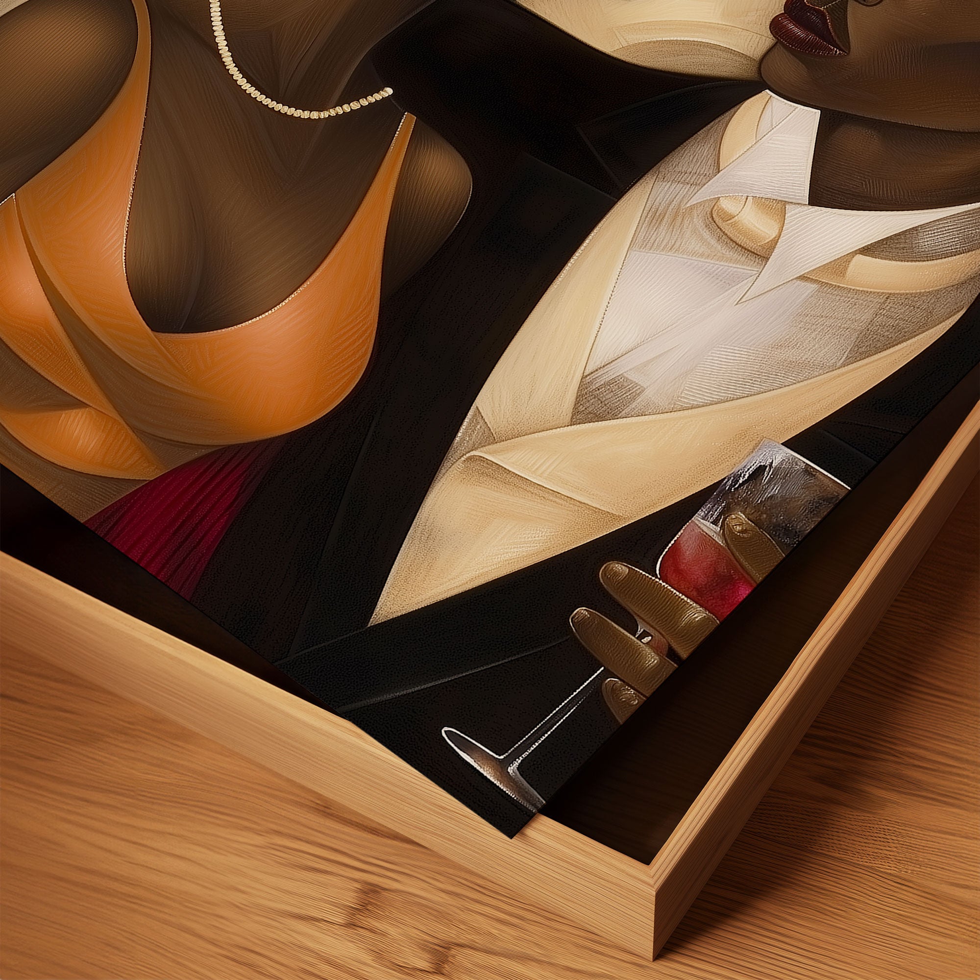 Harlem Renaissance Couple Art Print featuring a stylish Black man and woman dressed in elegant vintage fashion, inspired by Harlem’s golden era. Afrocentric digital artwork celebrating Black love, history, and cultural sophistication.