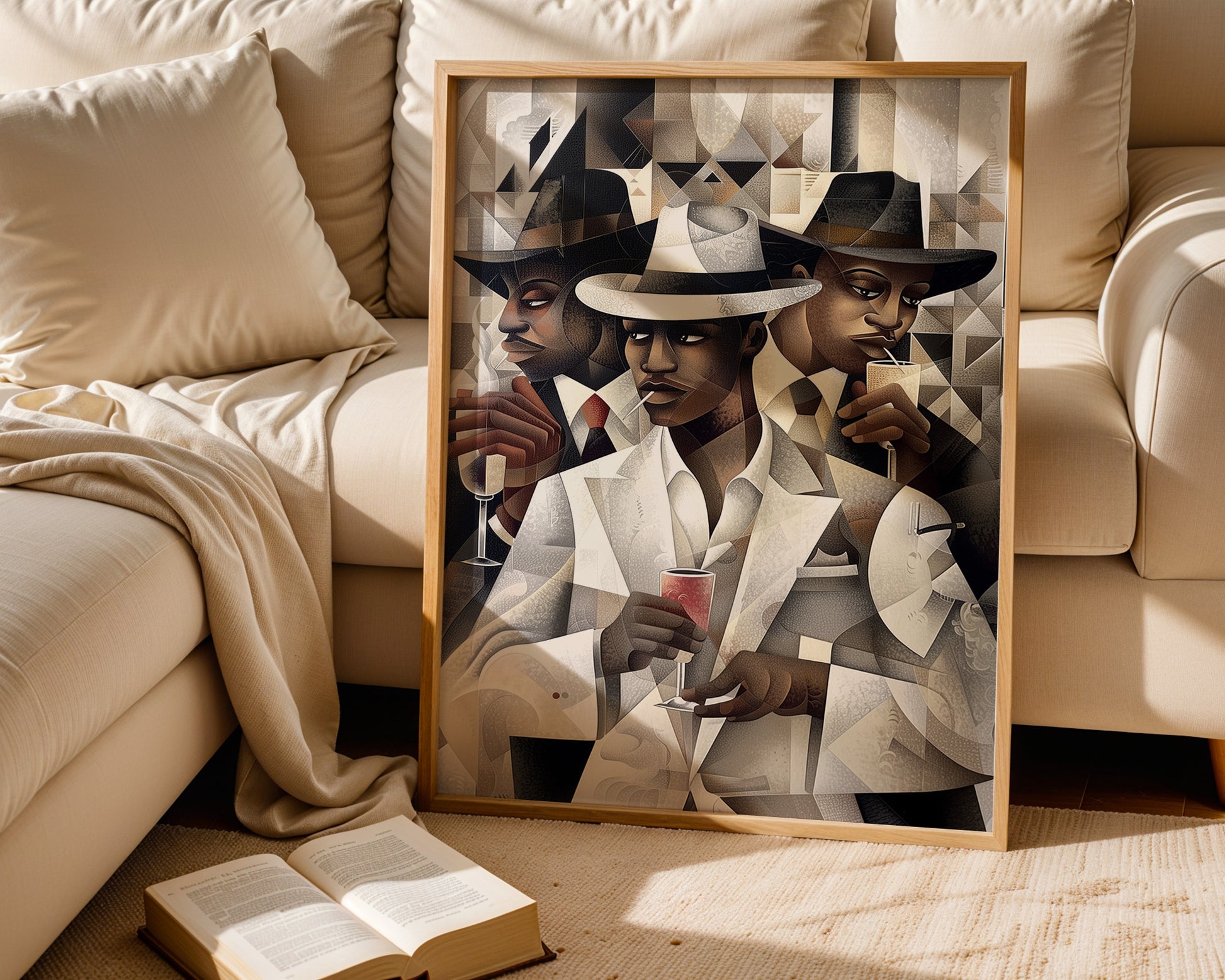 Dapper Black Men Art Print featuring handsome Black men drinking champagne, inspired by the Harlem retro 50s era. A sophisticated Bauhaus-style design from the Ladies and Gents Collection, celebrating Black culture and elegance.