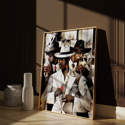 Dapper Black Men Art Print featuring handsome Black men drinking champagne, inspired by the Harlem retro 50s era. A sophisticated Bauhaus-style design from the Ladies and Gents Collection, celebrating Black culture and elegance.
