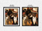 Harlem Renaissance Couple Art Print featuring a stylish Black man and woman dressed in elegant vintage fashion, inspired by Harlem’s golden era. Afrocentric digital artwork celebrating Black love, history, and cultural sophistication.