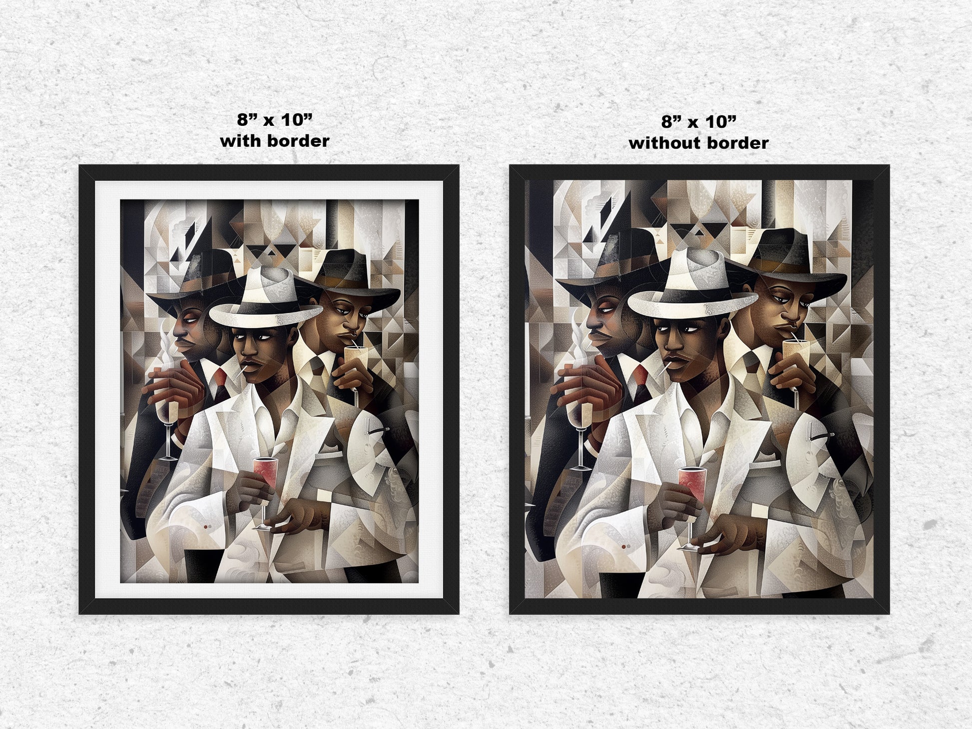 Dapper Black Men Art Print featuring handsome Black men drinking champagne, inspired by the Harlem retro 50s era. A sophisticated Bauhaus-style design from the Ladies and Gents Collection, celebrating Black culture and elegance.