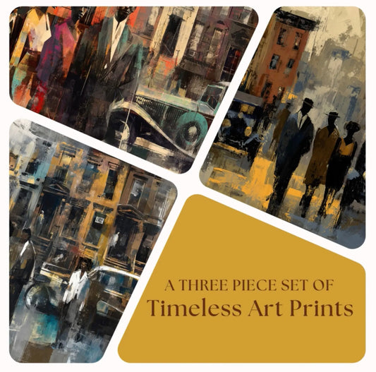 Set of 3 abstract Harlem night art prints featuring Black people socializing on brownstone streets with vintage cars and glowing lights inspired by Harlem nightlife and the Cotton Club.