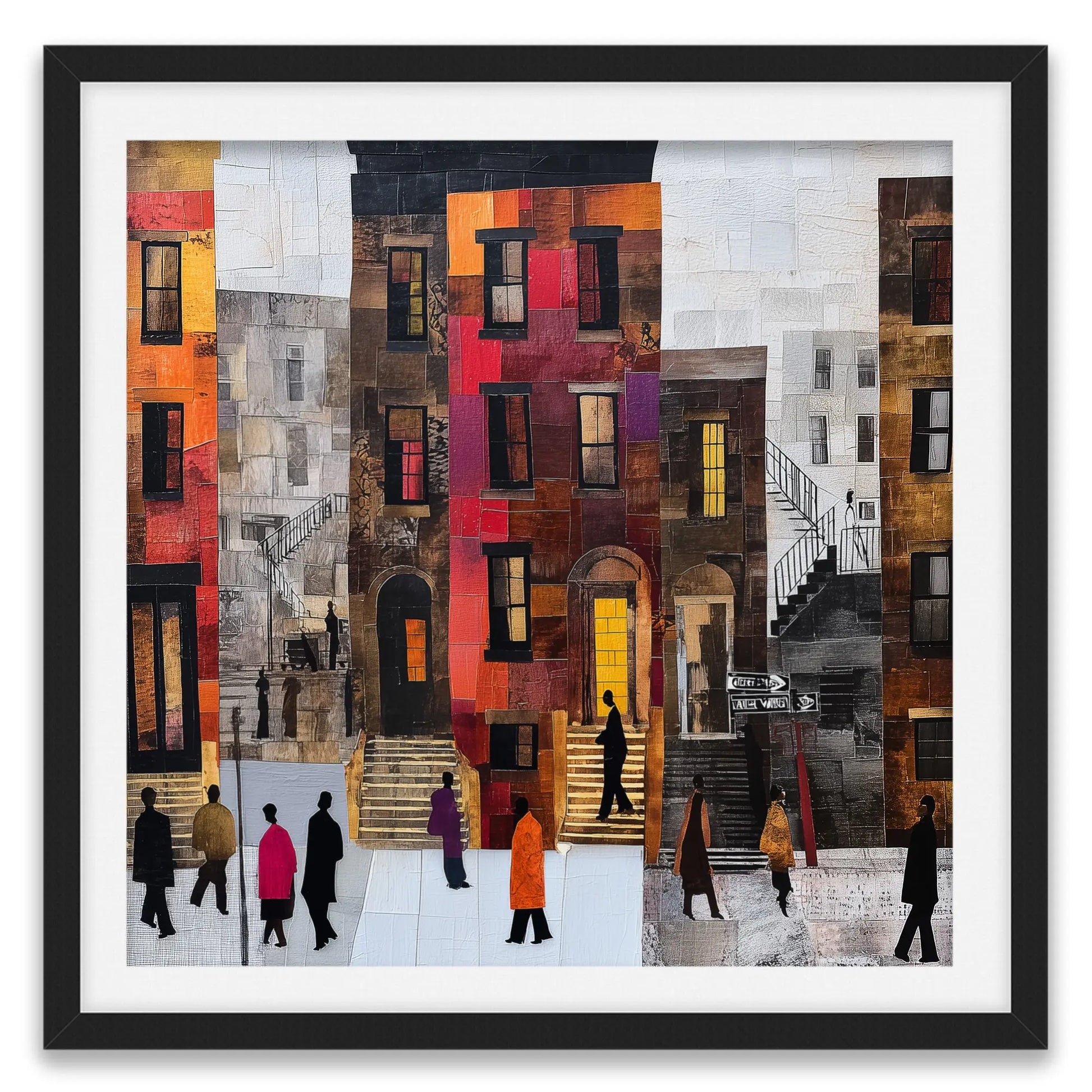 Abstract Afrocentric Harlem street scene art print featuring Black residents standing and socializing in front of historic brownstones in New York City.