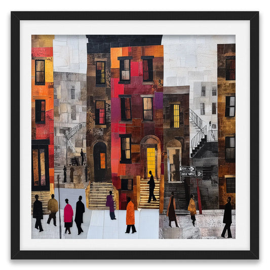 Abstract Afrocentric Harlem street scene art print featuring Black residents standing and socializing in front of historic brownstones in New York City.