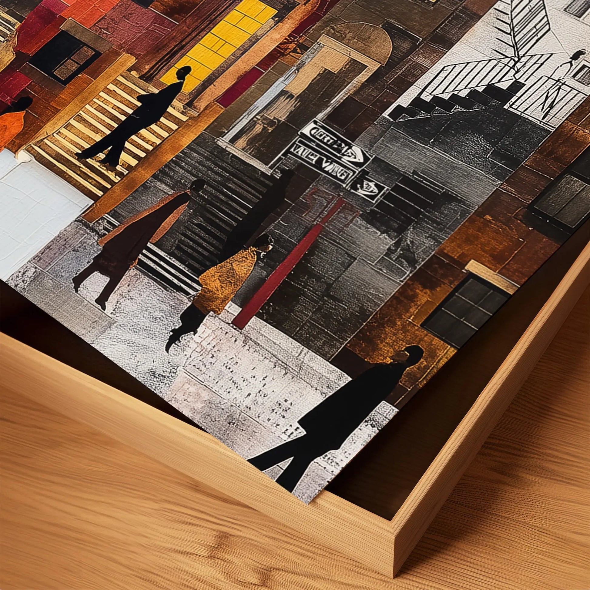 Abstract Afrocentric Harlem street scene art print featuring Black residents standing and socializing in front of historic brownstones in New York City.