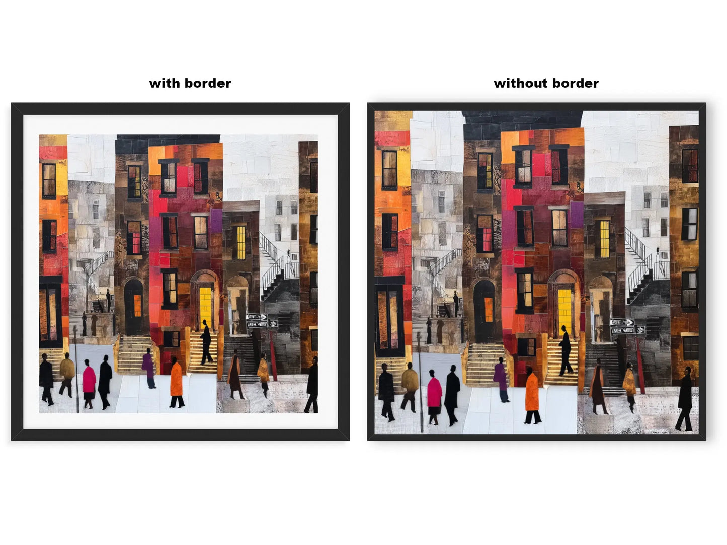 Abstract Afrocentric Harlem street scene art print featuring Black residents standing and socializing in front of historic brownstones in New York City.