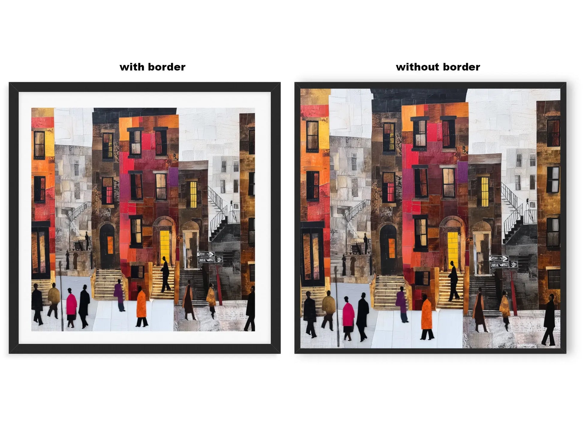 Abstract Afrocentric Harlem street scene art print featuring Black residents standing and socializing in front of historic brownstones in New York City.