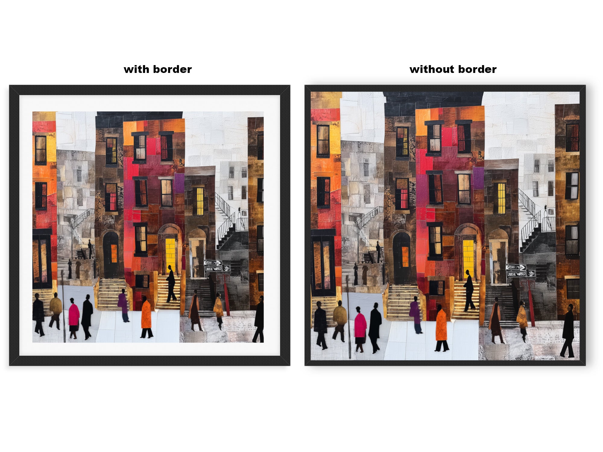 Abstract Afrocentric Harlem street scene art print featuring Black residents standing and socializing in front of historic brownstones in New York City.