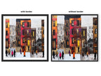 Abstract Afrocentric Harlem street scene art print featuring Black residents standing and socializing in front of historic brownstones in New York City.