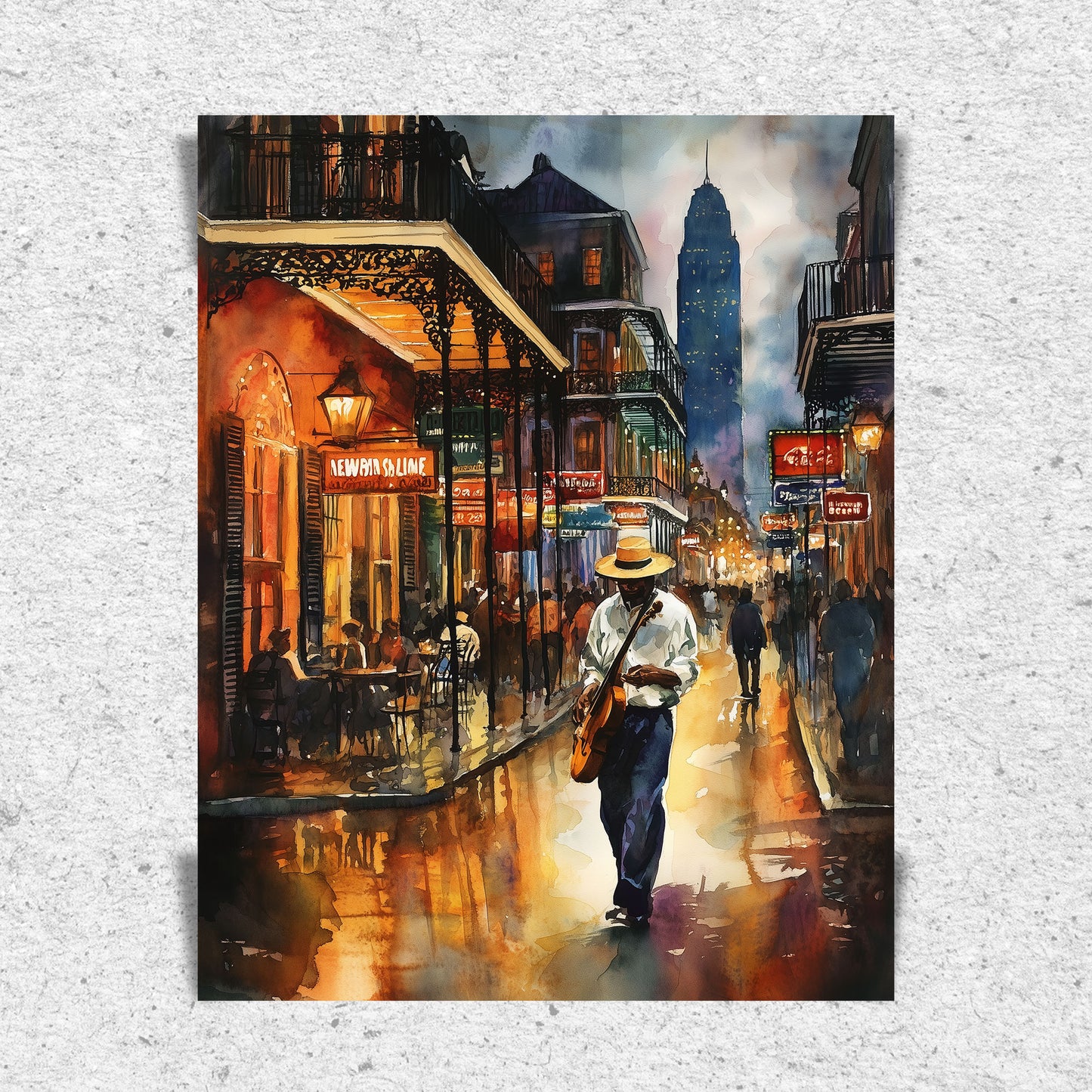 Watercolor digital art of a Black man playing guitar on New Orleans' Bourbon Street at night. The vibrant scene captures the soulful nightlife of The Big Easy, with colorful lights and musical energy filling the street.