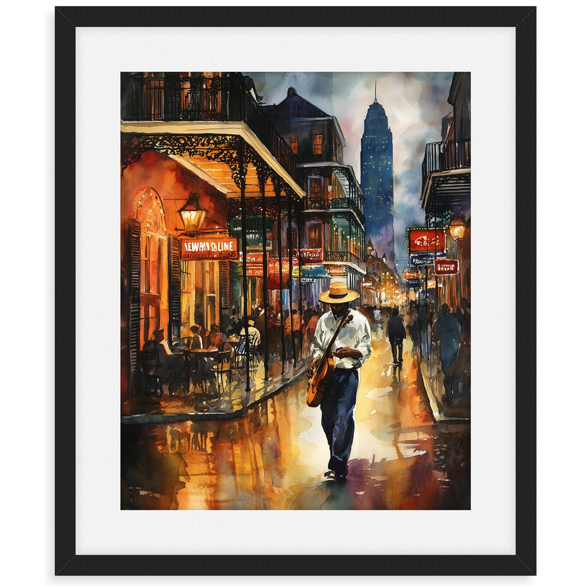 Watercolor digital art of a Black man playing guitar on New Orleans' Bourbon Street at night. The vibrant scene captures the soulful nightlife of The Big Easy, with colorful lights and musical energy filling the street.