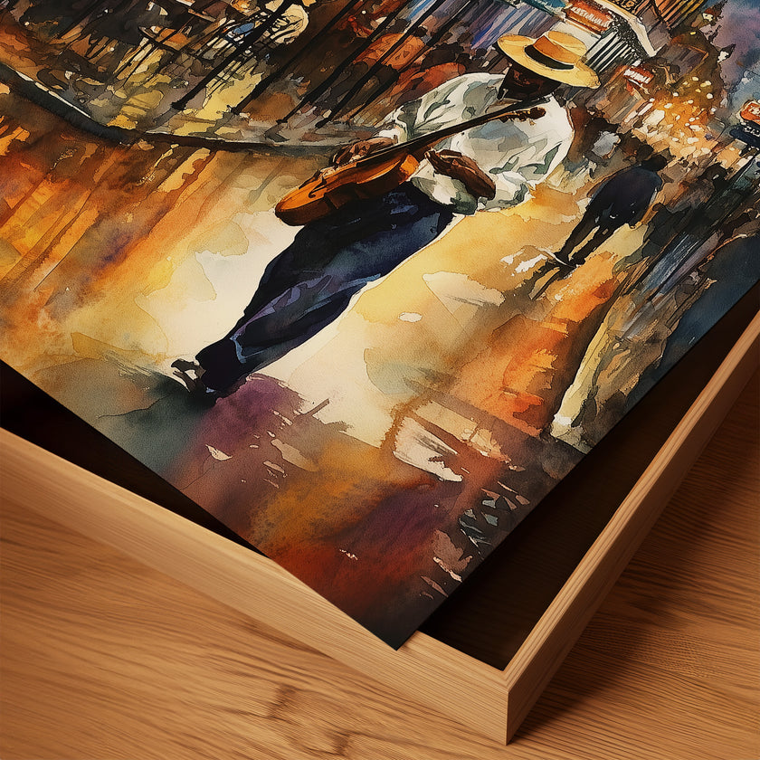 Watercolor digital art of a Black man playing guitar on New Orleans' Bourbon Street at night. The vibrant scene captures the soulful nightlife of The Big Easy, with colorful lights and musical energy filling the street.